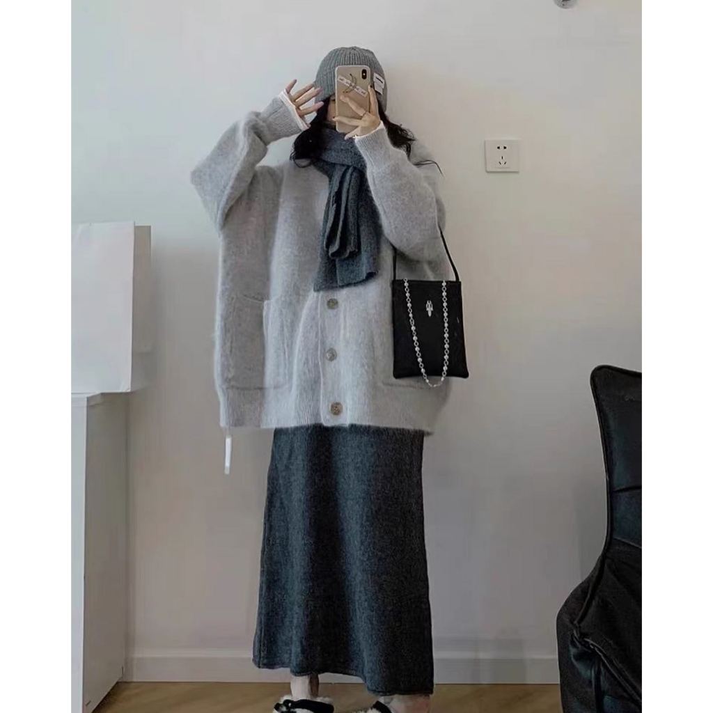 Áo cardigan len lông thỏ form dài rộng dày màu pastel ngọt ngào