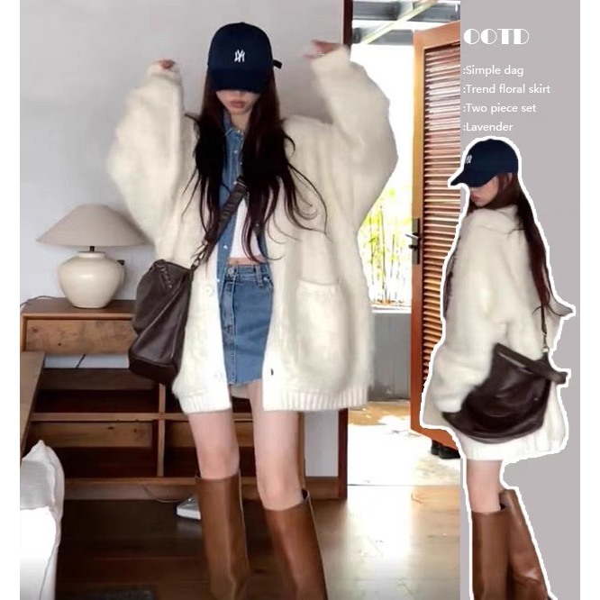 Áo cardigan len lông thỏ form dài rộng dày màu pastel ngọt ngào