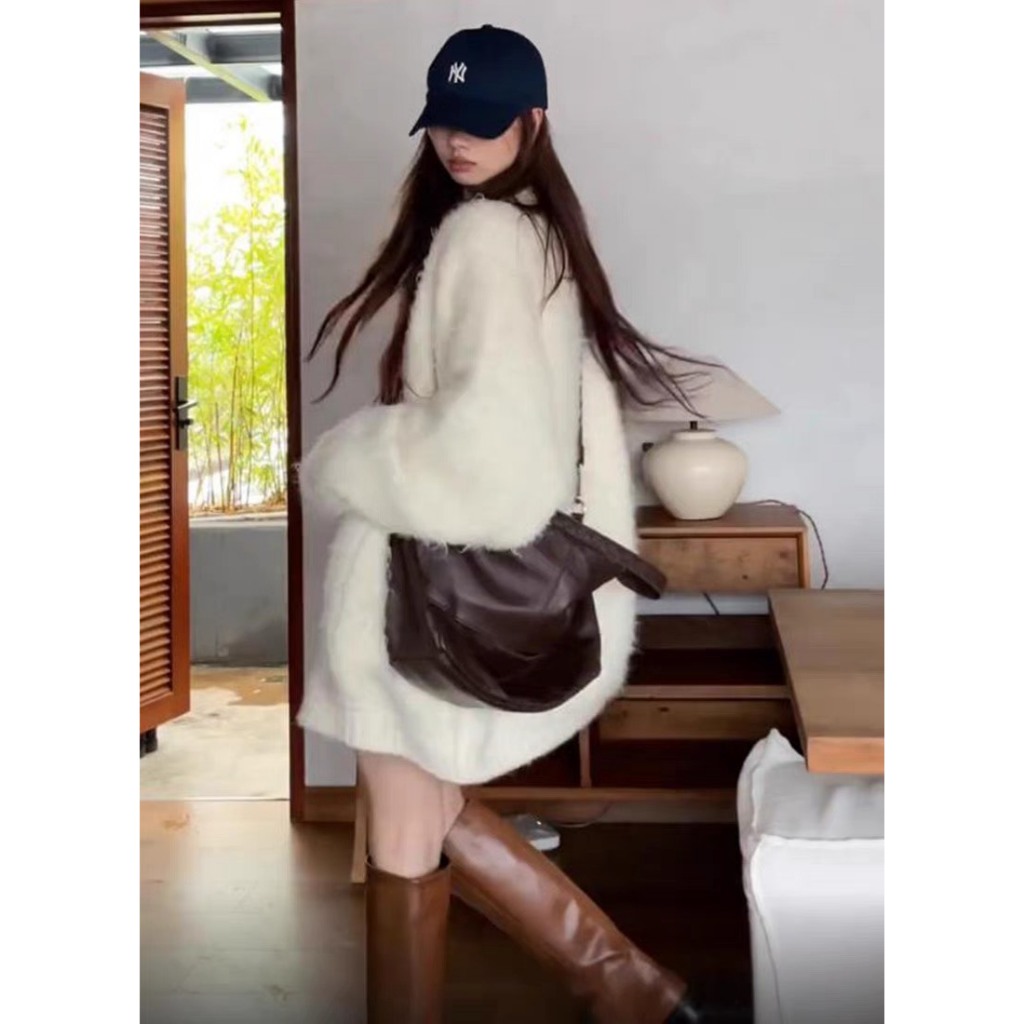 Áo cardigan len lông thỏ form dài rộng dày màu pastel ngọt ngào