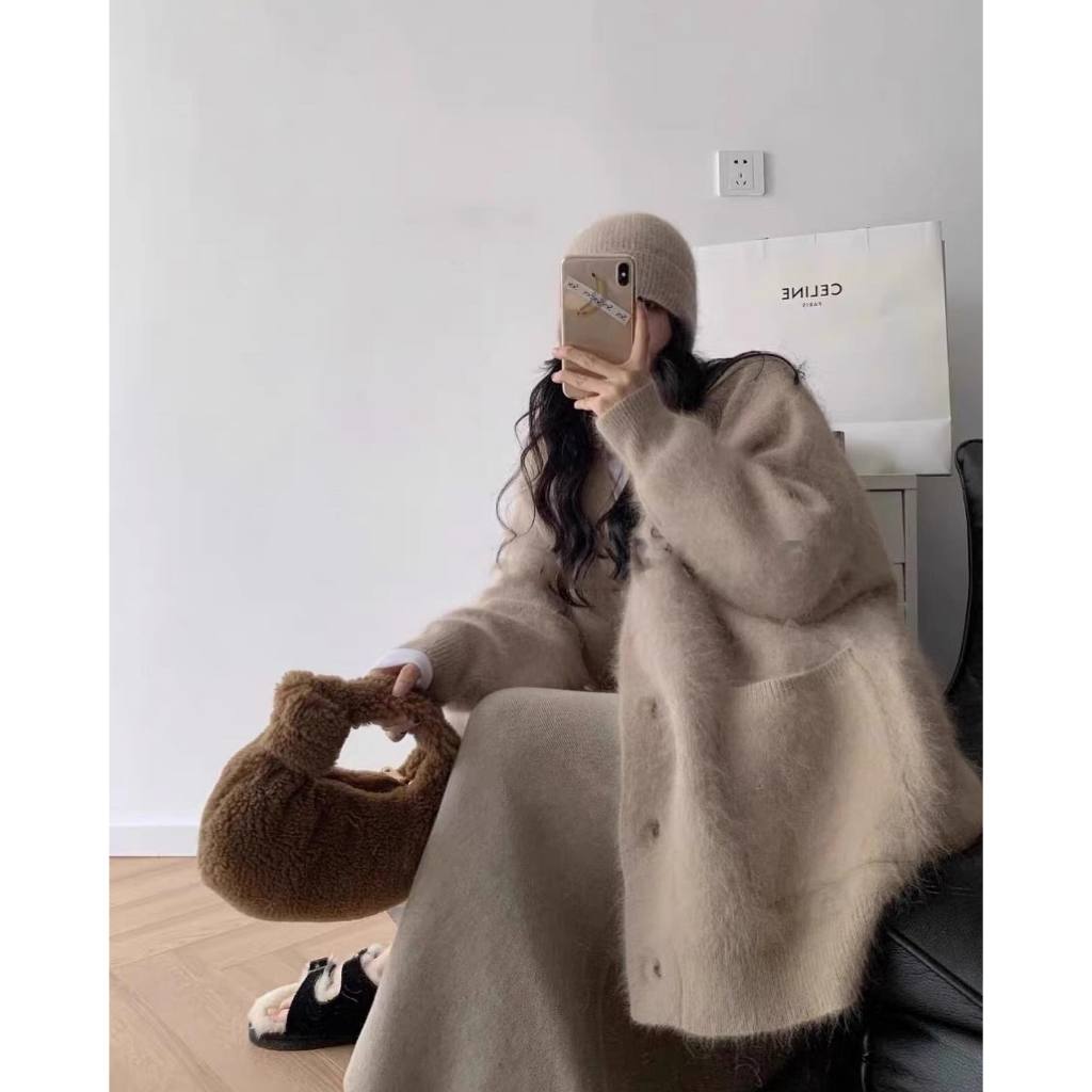 Áo cardigan len lông thỏ form dài rộng dày màu pastel ngọt ngào