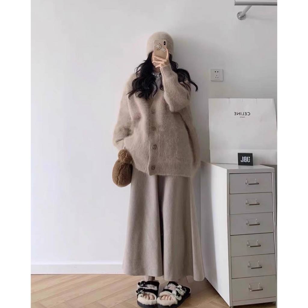 Áo cardigan len lông thỏ form dài rộng dày màu pastel ngọt ngào