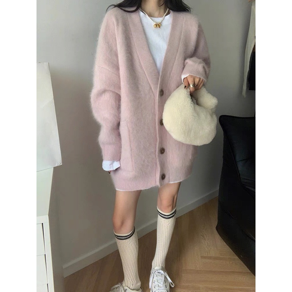 Áo cardigan len lông thỏ form dài rộng dày màu pastel ngọt ngào