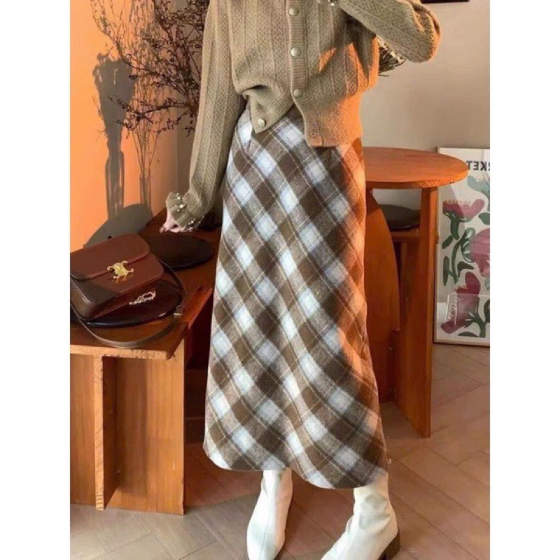 CHÂN VÁY DẠ KẺ CARO DÁNG DÀI XẺ VẠT SAU style Ulzzang