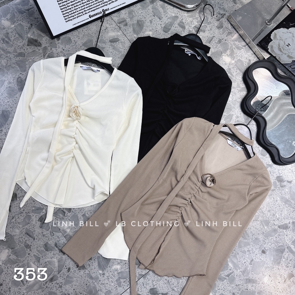 Áo thun tăm dài tay rúm giữa dây hoa AKĐ52