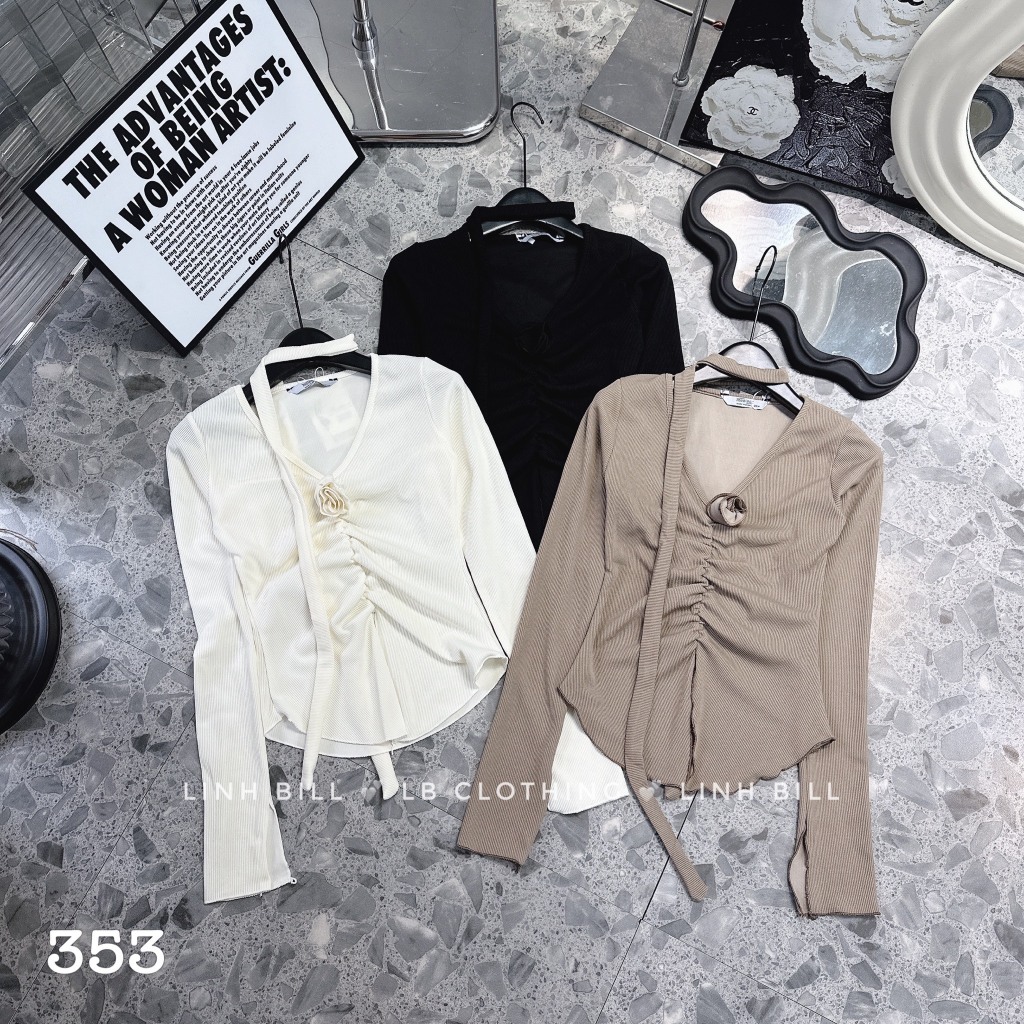 Áo thun tăm dài tay rúm giữa dây hoa AKĐ52