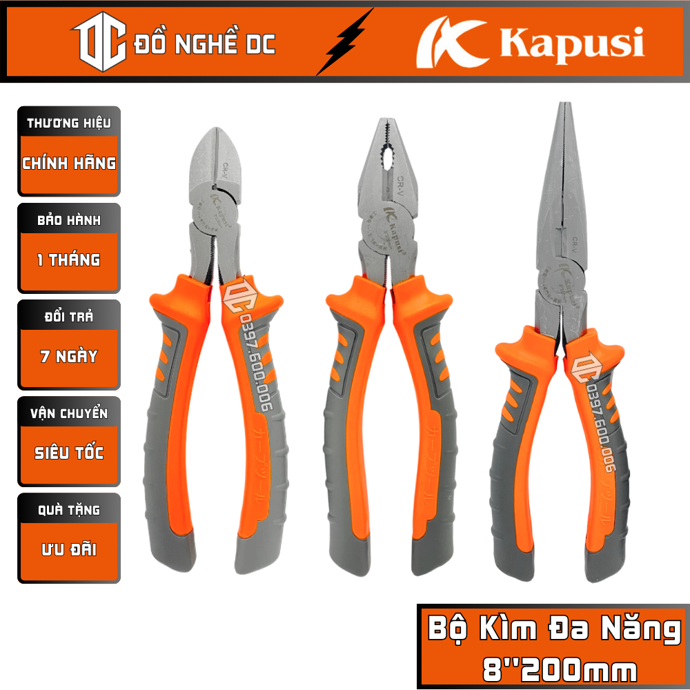 Bộ 3 Kìm Điện, Kìm Cắt, Kìm Nhọn Đa Năng 8''200mm K-8041 K-8034 K-8037 Kapusi Nhật Bản, Thép CRV, Kẹp giữ và xoắn dây