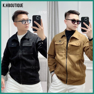Áo khoác nam da lộn cổ bẻ khoá kéo 2 lớp, Áo da lộn nam thu đông