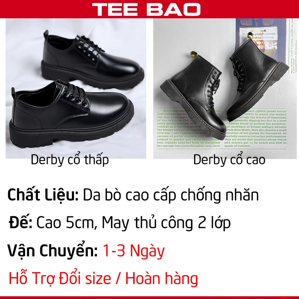 Giày Chunky Derby Nam Tăng 4.5 cm cổ thấp buộc dây da xịn phong cách công sở mũi tròn TEEBAO