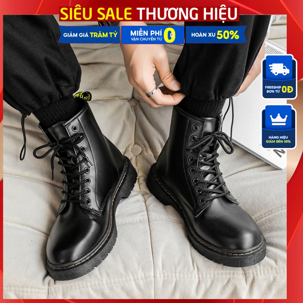  Giày chunky derby nam Cổ Cao TEEBAO màu đen da bò cao cấp, Giày combat boots đế cao