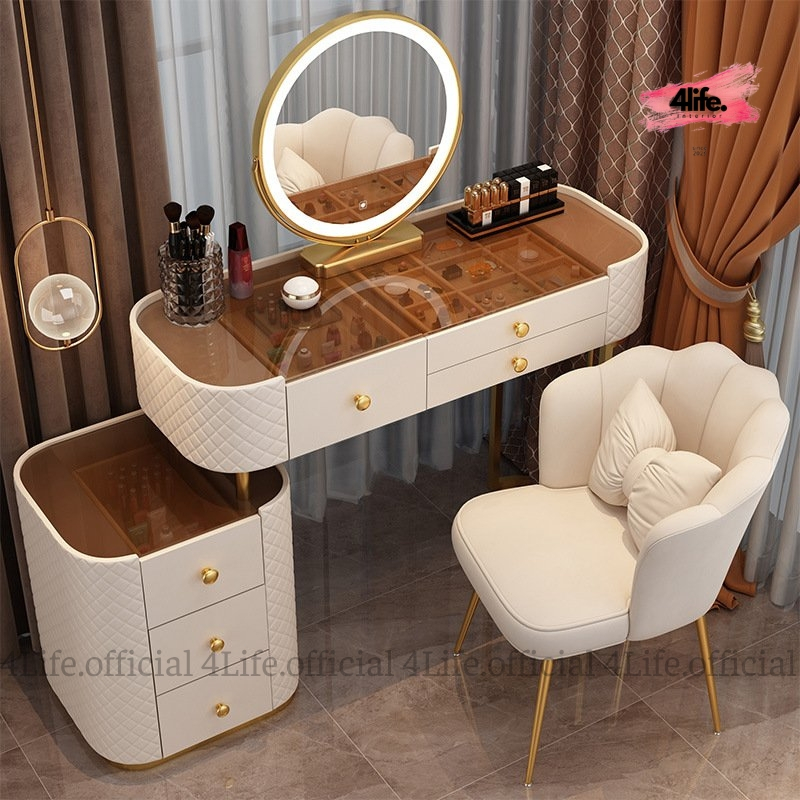 Bàn Trang Điểm Hiện Đại Mặt Kính Chống Xước Tiêu Chuẩn Kết Hợp Gương Đèn LED Kèm Tap 3 Ngăn - Nội Th