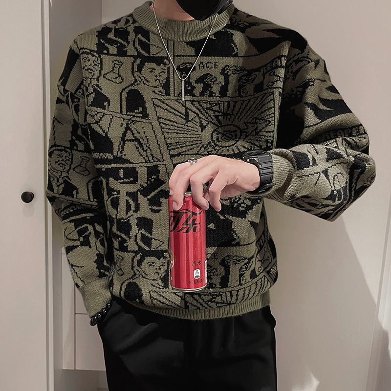 Áo Len Nam Họa Tiết Cổ Tròn Dáng Rộng Phong Cách Thời Trang