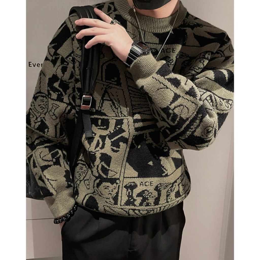 Áo Len Nam Họa Tiết Cổ Tròn Dáng Rộng Phong Cách Thời Trang