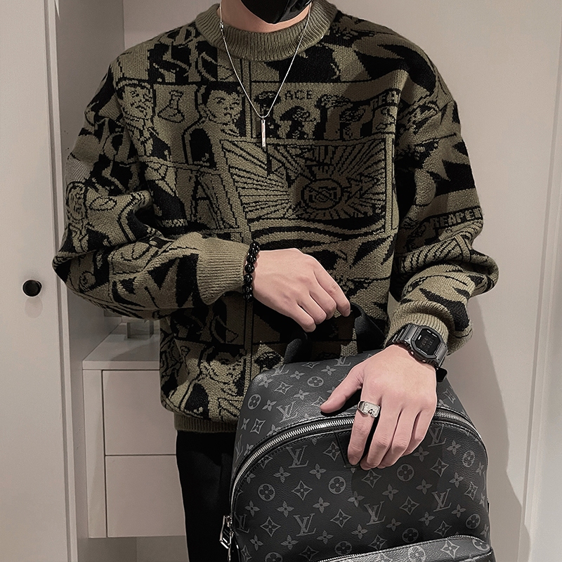 Áo Len Nam Họa Tiết Cổ Tròn Dáng Rộng Phong Cách Thời Trang