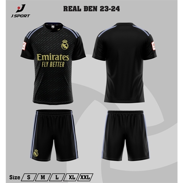 Bộ quần áo bóng đá Real đen chữ đồng mẫu th3 sân khách 2024JP