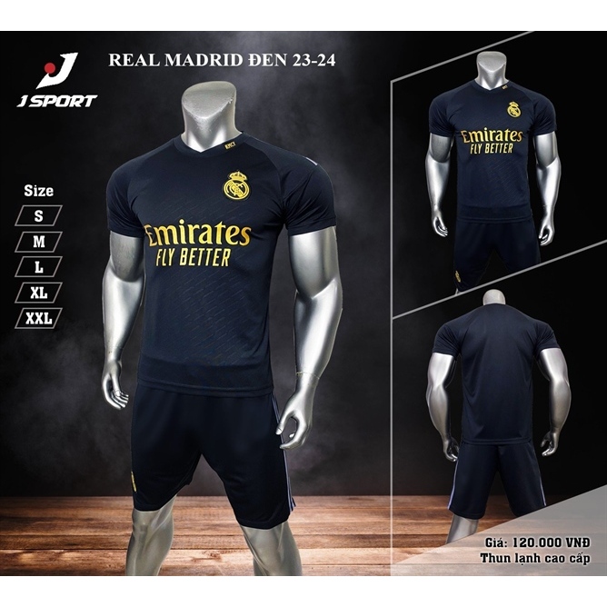 Bộ quần áo bóng đá Real đen chữ đồng mẫu th3 sân khách 2024JP