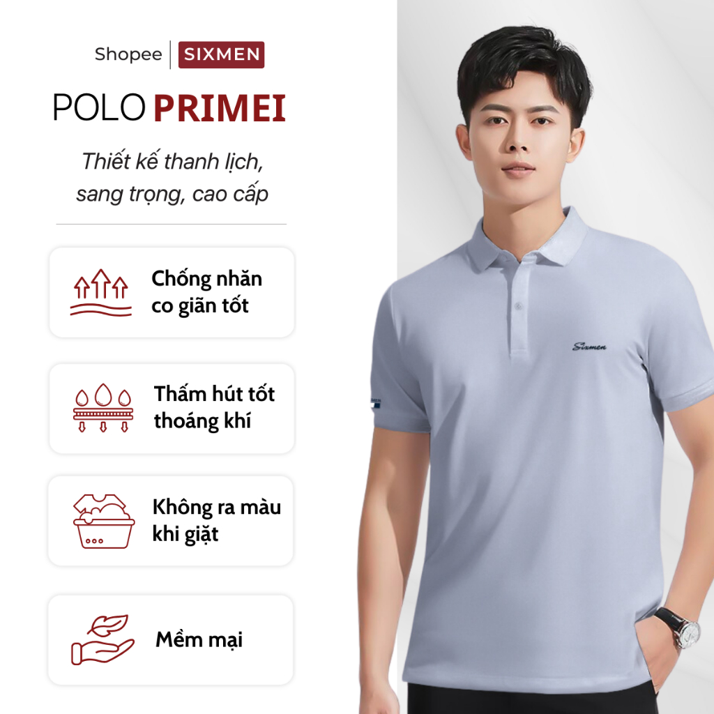Áo polo nam cao cấp có cổ SIXMEN  - PRIMEI Áo polo đen vải cá sấu cotton CVC thoáng mát thanh lịch