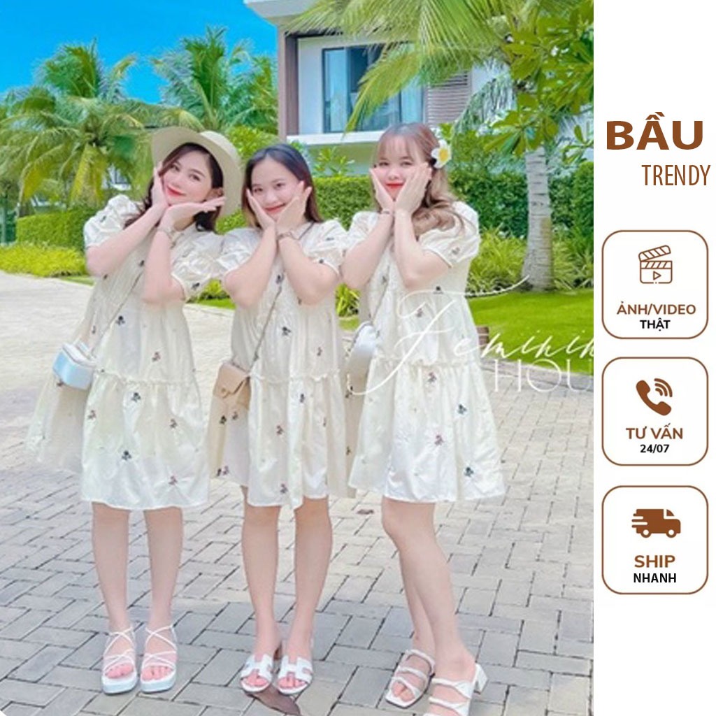 ĐẦM VÁY BẦU BABY DOLL V195 ĐẦM BẦU THIẾT KẾ HỌA TIẾT HOA NHÍ VINTEGE  TAY BỒNG TIỂU THƯ - VÁY BẦU DỰ