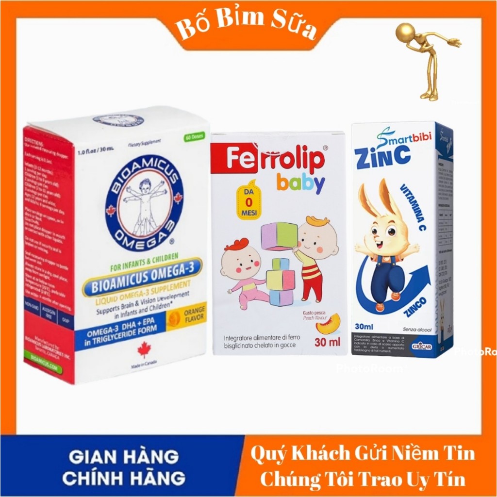 Ferrolip Baby Hộp 30ml Và Kẽm ZinC Smartbibi Hộp 30ml Và Bioamicus Omega 3 DHA + EPA Hộp 30ml.