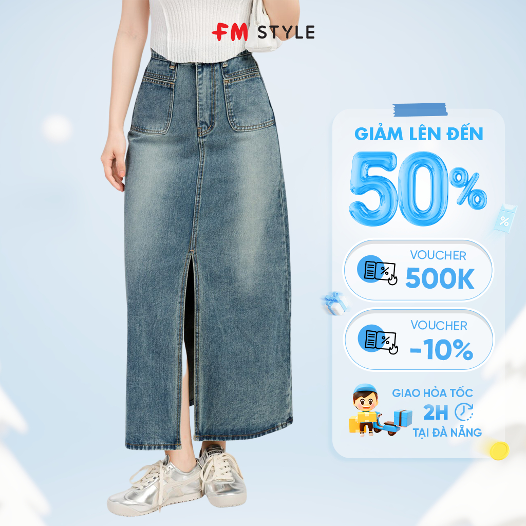 Chân váy nữ FMSTYLE dáng suông jean dài xẻ trước túi kiểu 23100173