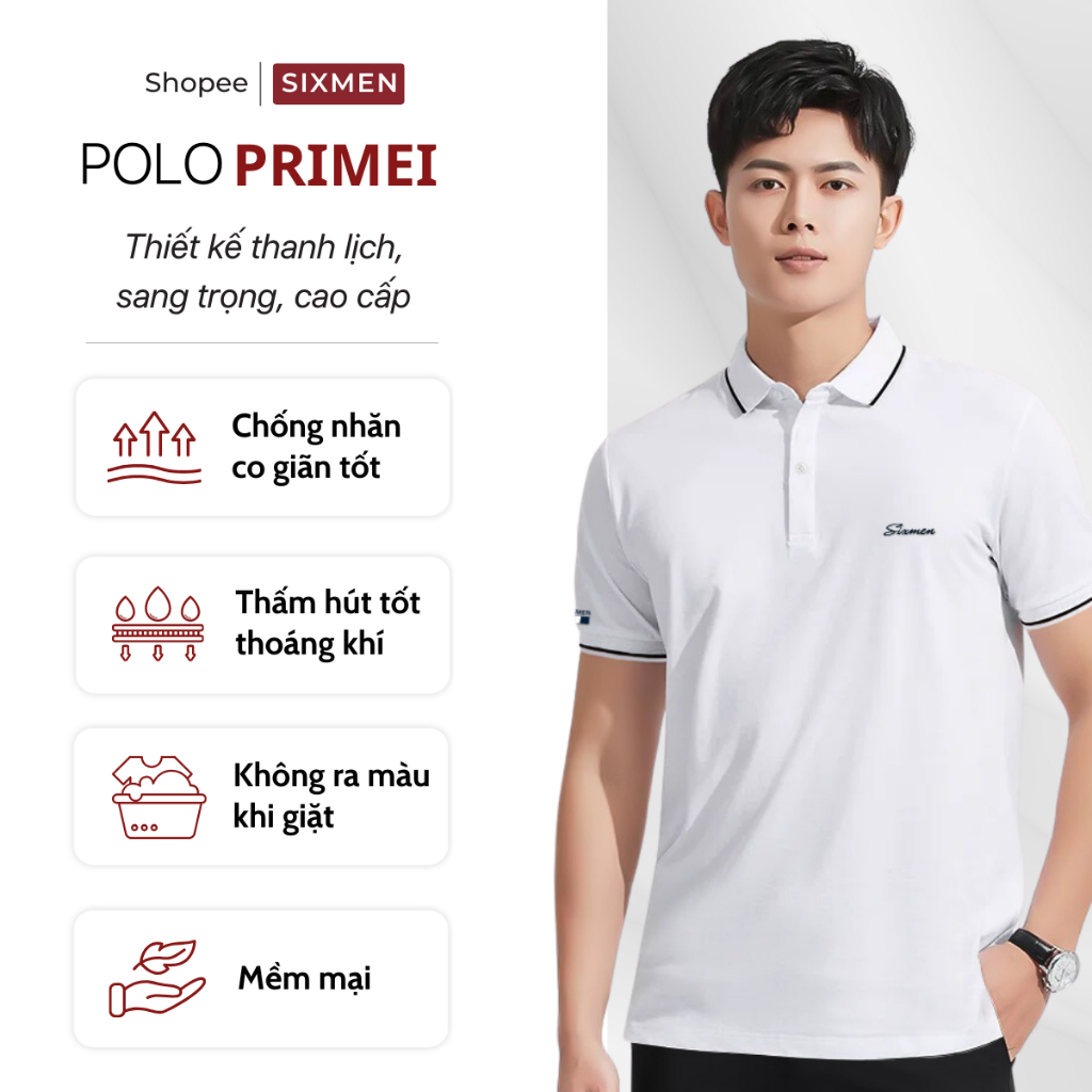 Áo thun Polo nam cao cấp có cổ bẻ SIXMEN  - PRIMEI Trắng - vải cá sấu cotton thoáng mát, thanh lịch