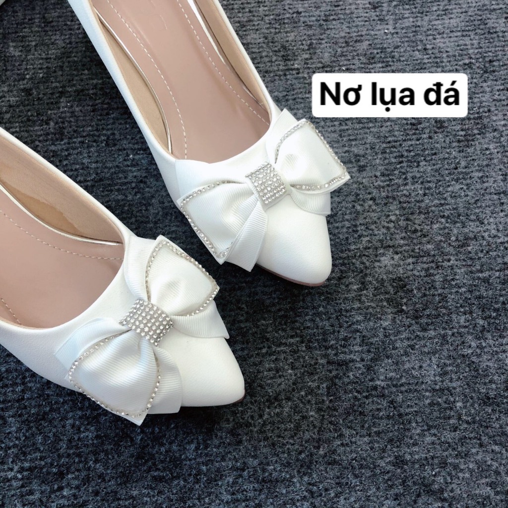 Giày cao gót nữ 5cm mũi nhọn có nơ lụa kiểu dáng tiểu thư đế cao su non mềm êm chân