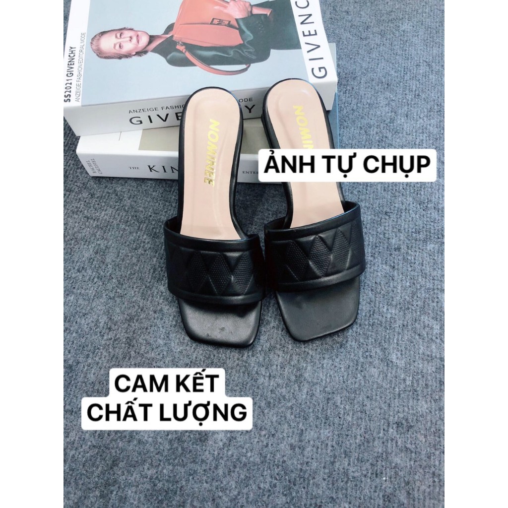 Dép cao gót nữ 3 cm quai ngang vân trám, đế vuông chắc chắn bền đẹp