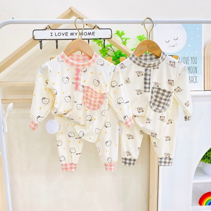 Bộ Quần Áo Dài Tay Tăm Lạnh MINKY hoạ tiết đáng yêu thu đông cho bé trai bé gái hàng đẹp 3 cúc có túi kimi shop