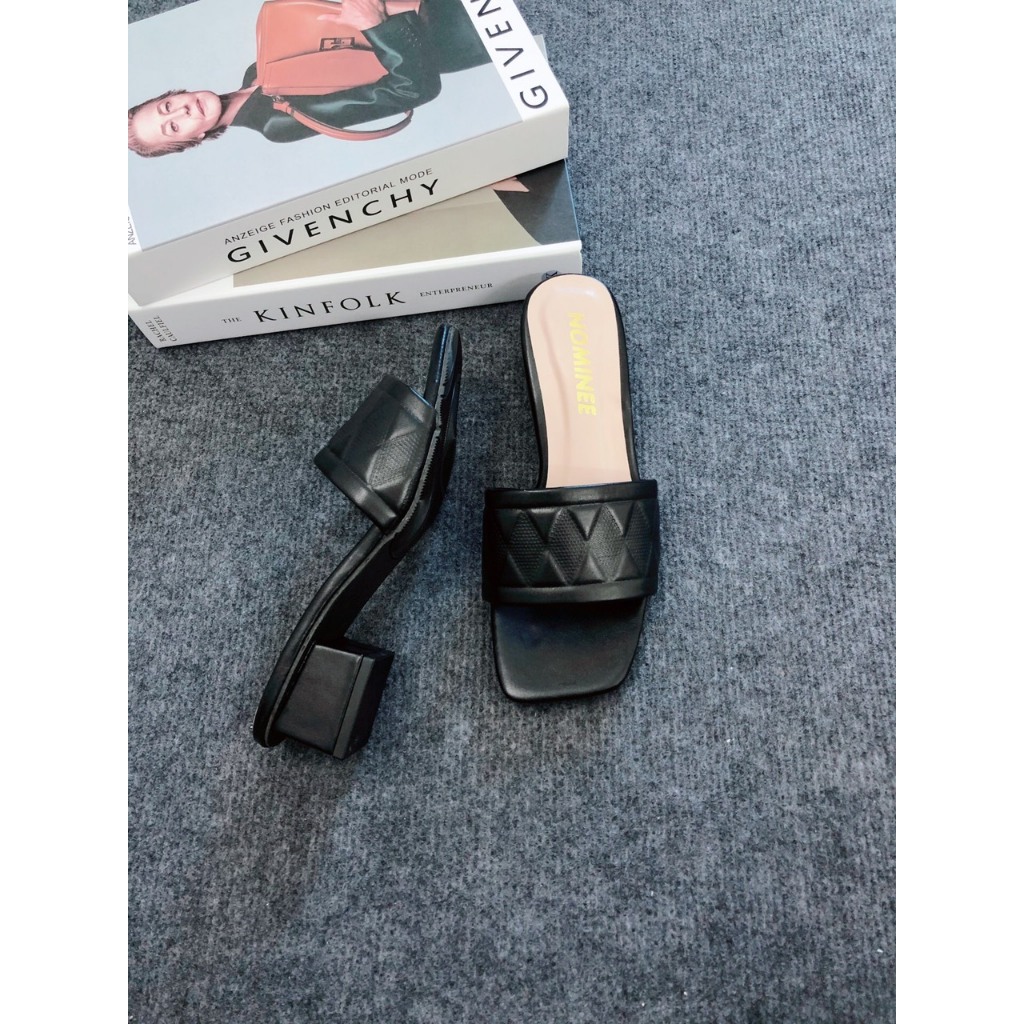 Dép cao gót nữ 3 cm quai ngang vân trám, đế vuông chắc chắn bền đẹp