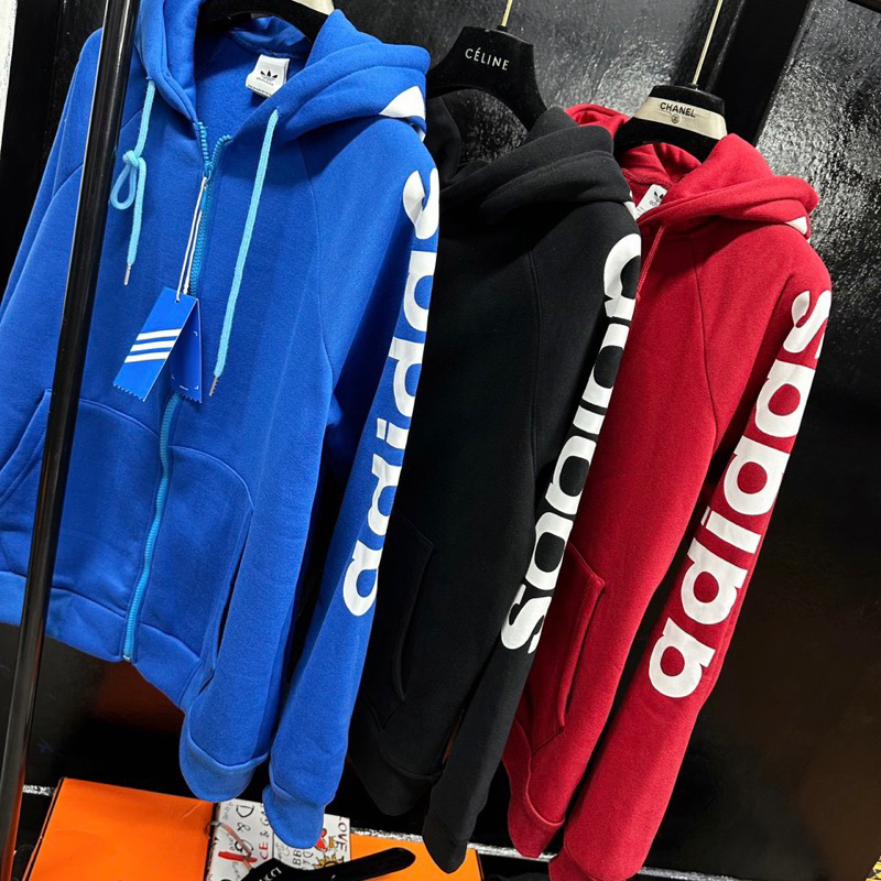 Áo nỉ hoodie adidas , Áo khoác khóa zip im chữ dọc tay áo. Áo chất nỉ bông dày dặn phong cách thể thao năng động