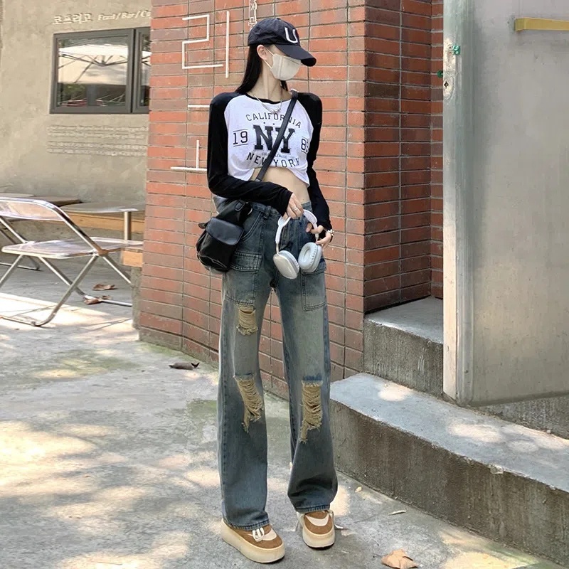 Quần Jeans Nữ Ống Rộng , Quần Bò Nữ Ống Rộng Rách Gối Túi Hộp TL07