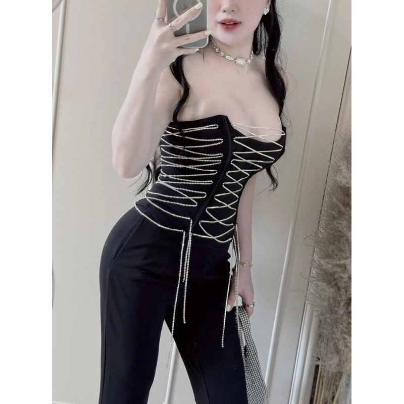 SET ÁO ỐNG CORSET DÂY ĐÁ MIX QUẦN LOE