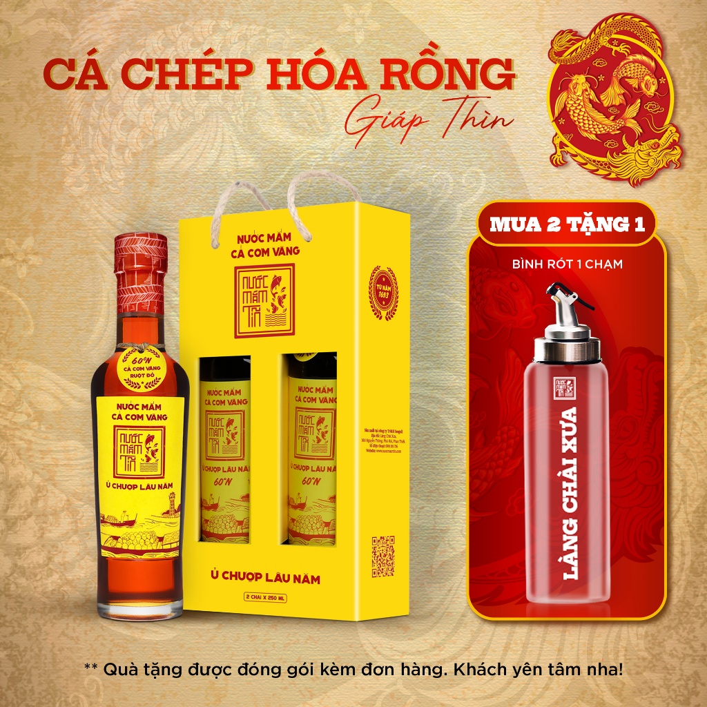 [MUA 2 CẶP TẶNG 1 BÌNH RÓT] Cặp 2 chai 60 độ đạm Nước Mắm Tĩn Cá Cơm Vàng Ruột Đỏ 60N Chai Thuỷ Tinh 250ml truyền thống