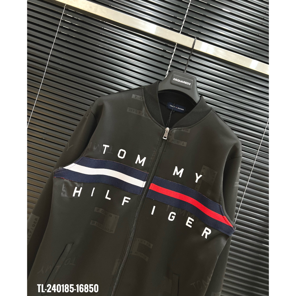 Áo khoác Bomber Tommy_Hilfiger phốc sọ kẻ đỏ trắng đen-Áo khoác khóa zip chất nỉ Hàn cao cấp