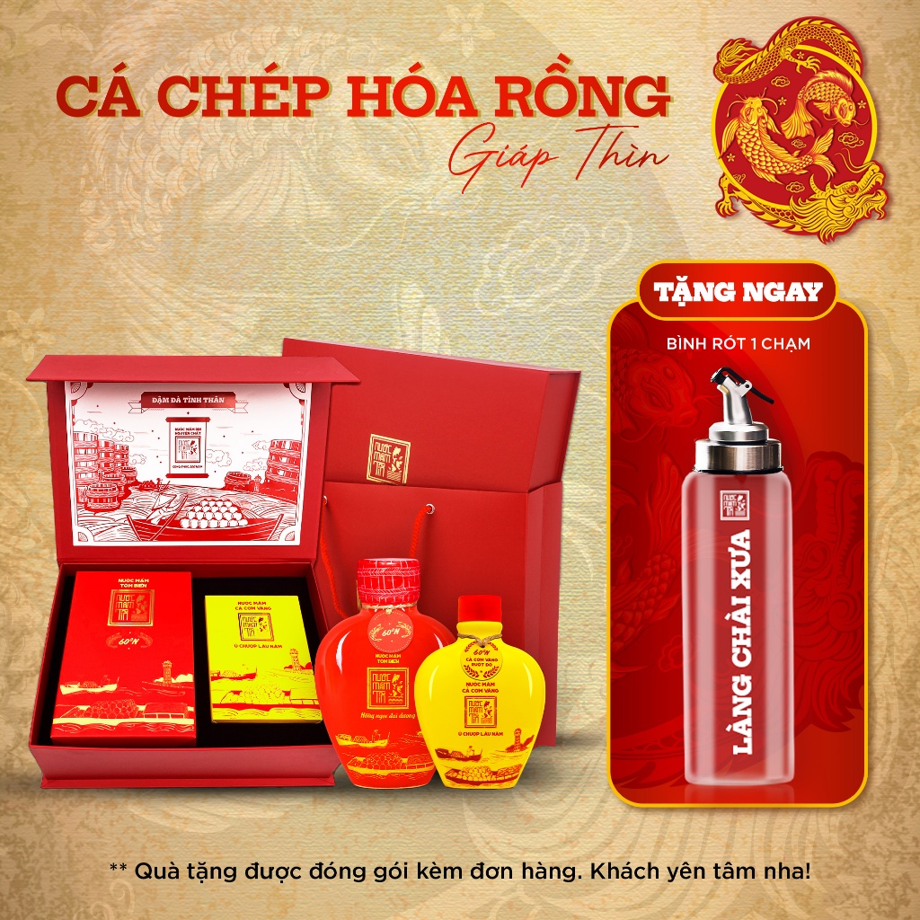 Hộp Quà Đậm Đà Tình Thân Nước Mắm Tĩn Tôm Biển 60N 500ml Và Nước Mắm Tĩn Cá Cơm Vàng Ruột Đỏ 250 ml