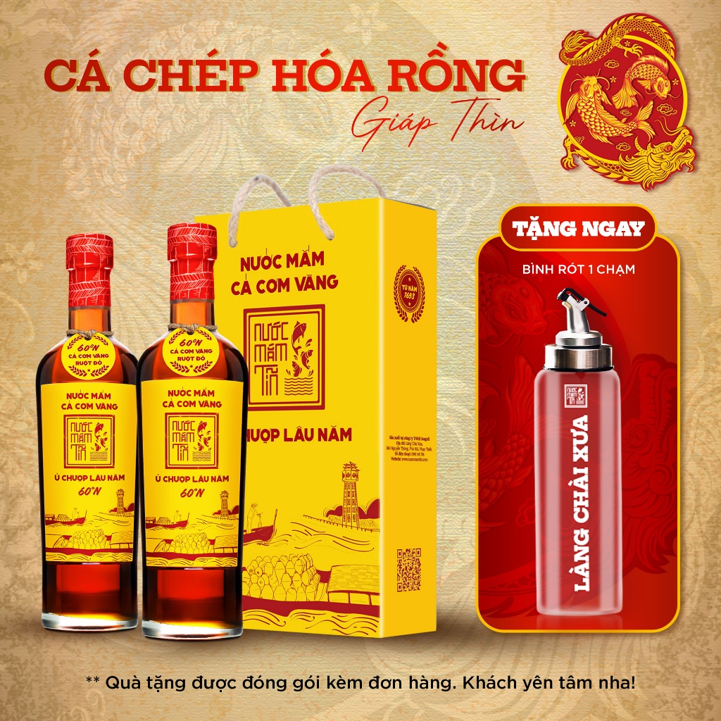 [TẶNG 1 BÌNH RÓT] Combo 2 Chai Nước Mắm Tĩn Cá Cơm Vàng Ruột Đỏ Độ Đạm 60N Chai Thuỷ Tinh 500ml Nước Mắm Truyền Thống