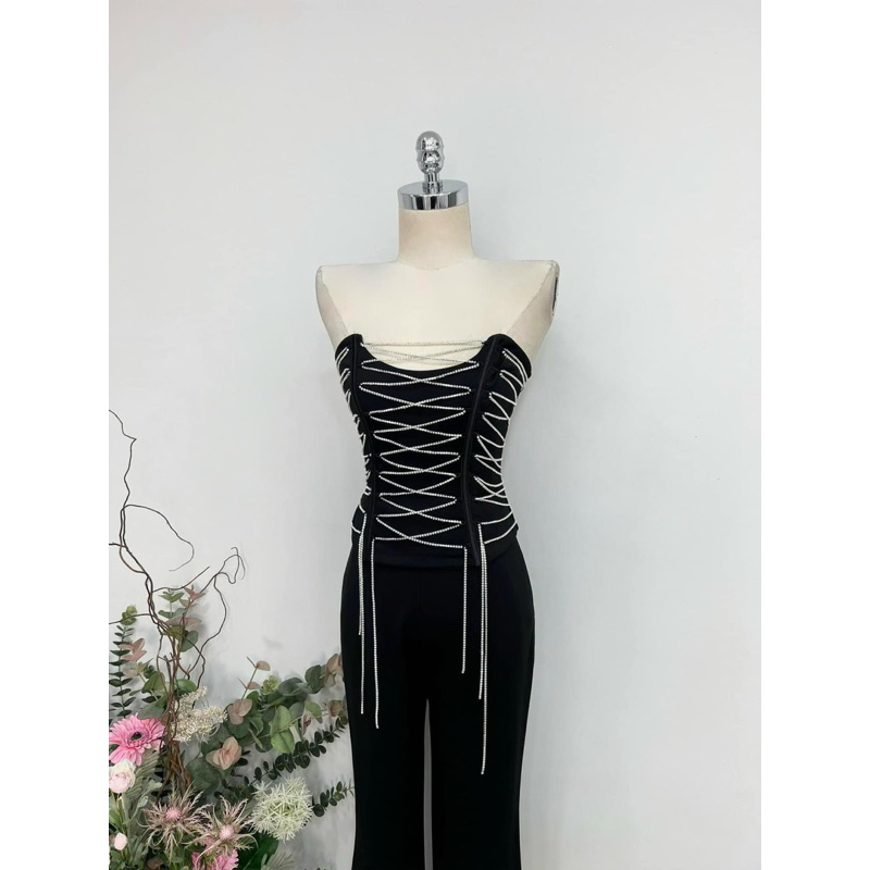 SET ÁO ỐNG CORSET DÂY ĐÁ MIX QUẦN LOE