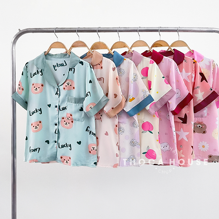 Đồ ngủ nữ pijama mặc nhà lụa mango tay ngắn có túi quần THOCA HOUSE bộ ngủ hoạ hình nữ lụa freesize <65kg