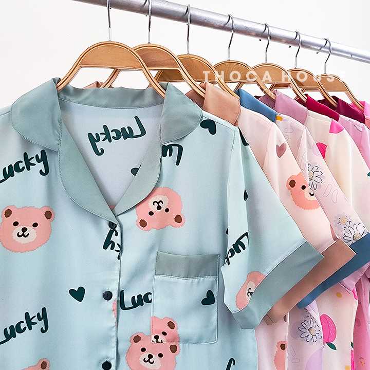 Đồ ngủ nữ pijama mặc nhà lụa mango tay ngắn có túi quần THOCA HOUSE bộ ngủ hoạ hình nữ lụa freesize <65kg