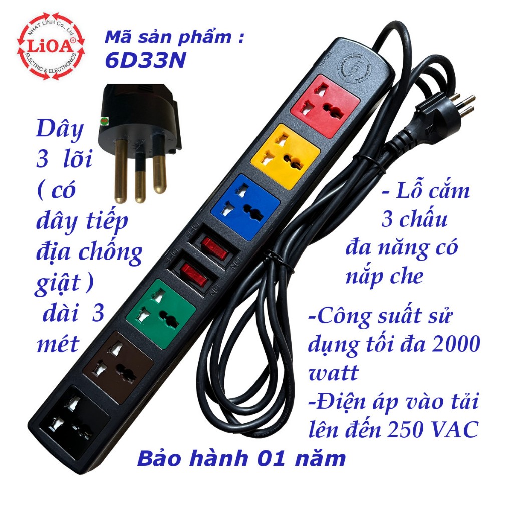 Ổ cắm điện 6 lỗ 3 chấu có dây tiếp đất LIOA 6D33N có 2 công tắc công suất 2000 watt dây dài 3 mét phích cắm 3 chân