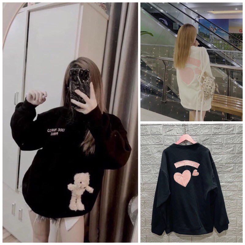 Áo Sweater Kèm Gấu Chữ Hồng Siêu Xinh❤ Áo Nỉ Bông Cổ Tròn Tim Lưng Hot Trend