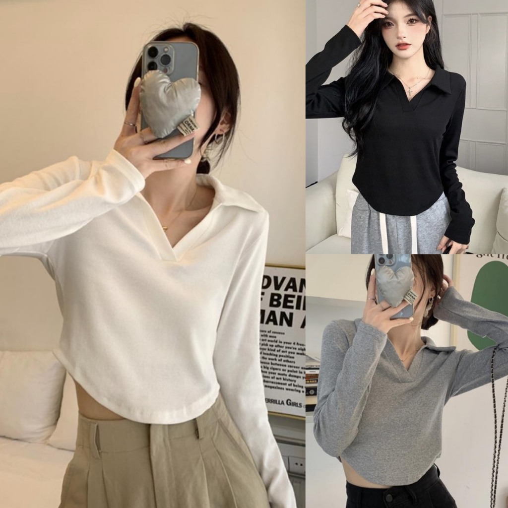 Áo kiểu nữ,áo thun,áo polo nữ vạt bầu dài tay cổ bẻ chất thun tăm co giãn tôn dáng A117 SUTANO
