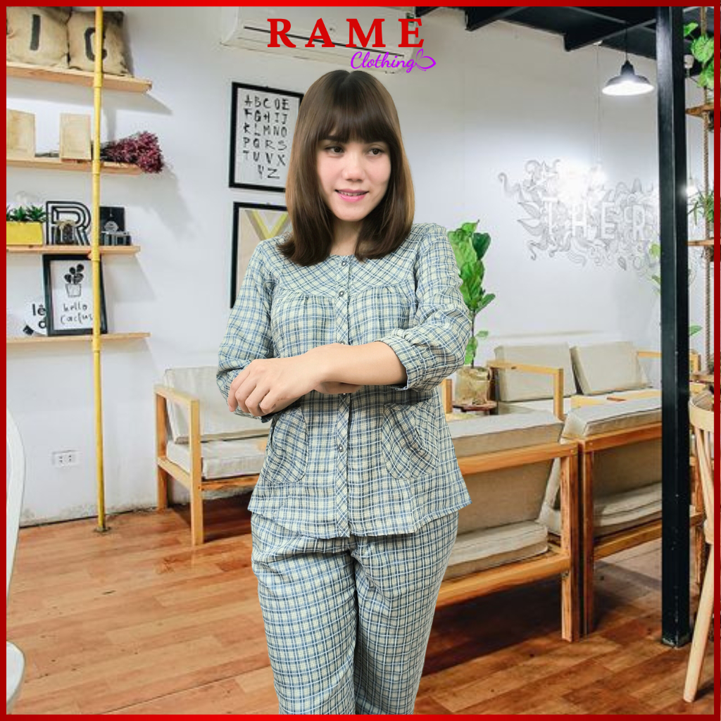 Đồ Bộ Nữ RAME Đồ Bộ Mặc Nhà Lửng Tay Cổ Tròn Caro Phối Chất Cotton Cao Cấp Mềm Mại