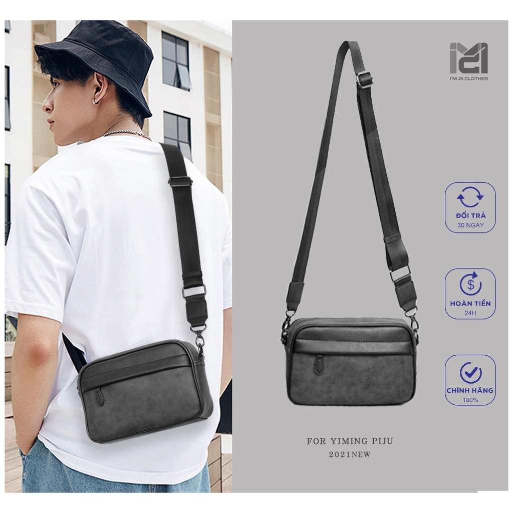 Túi đeo chéo nam mini unisex da cao cấp cá tính thời trang chống nước dây kéo YKK 20 x 15 x 6 cm