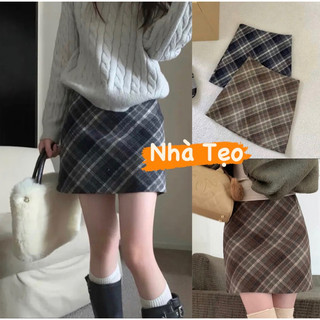 Chân váy dạ kẻ chữ a ghi/nâu chất dạ dày hàng quảng châu mã 2226