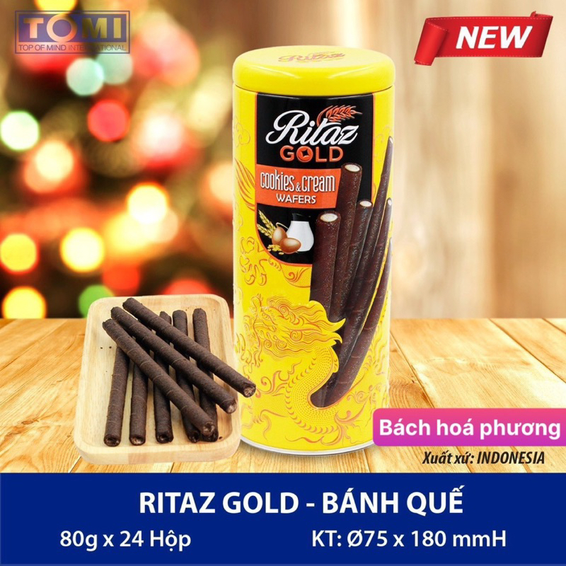 Bánh quế socola Ritaz Gold lon thiếc gói quà tết 2024 siêu đẹp