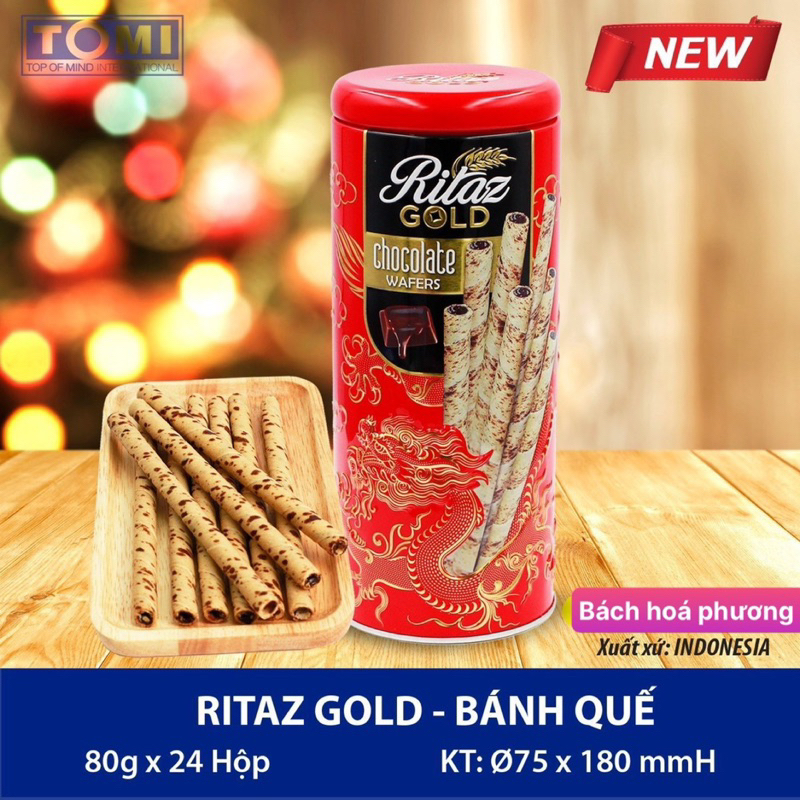 Bánh quế socola Ritaz Gold lon thiếc gói quà tết 2024 siêu đẹp