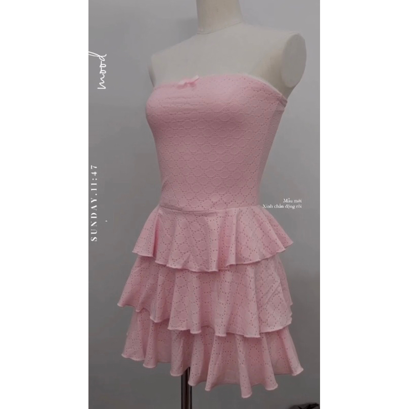 Đầm ống đính nơ bèo tầng  dáng ngắn ôm body màu pastel