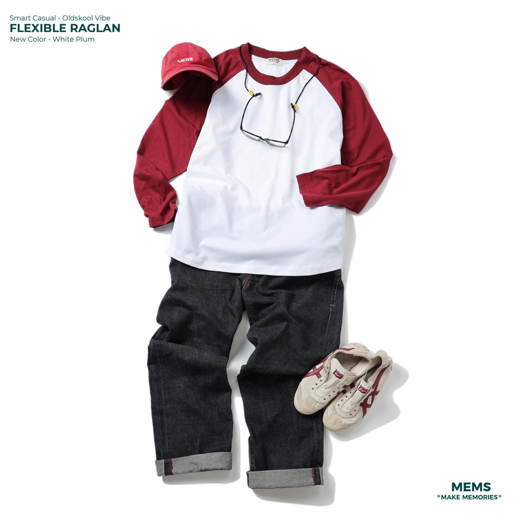 Flexible raglan White Plum | MEMS Áo thun cotton nam nữ tay dài trơn cổ tròn áo phối màu