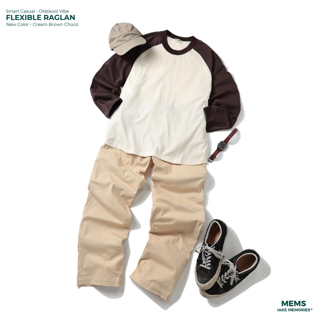 Flexible raglan Cream Brown Choco | MEMS Áo thun cotton nam nữ tay dài trơn cổ tròn áo phối màu