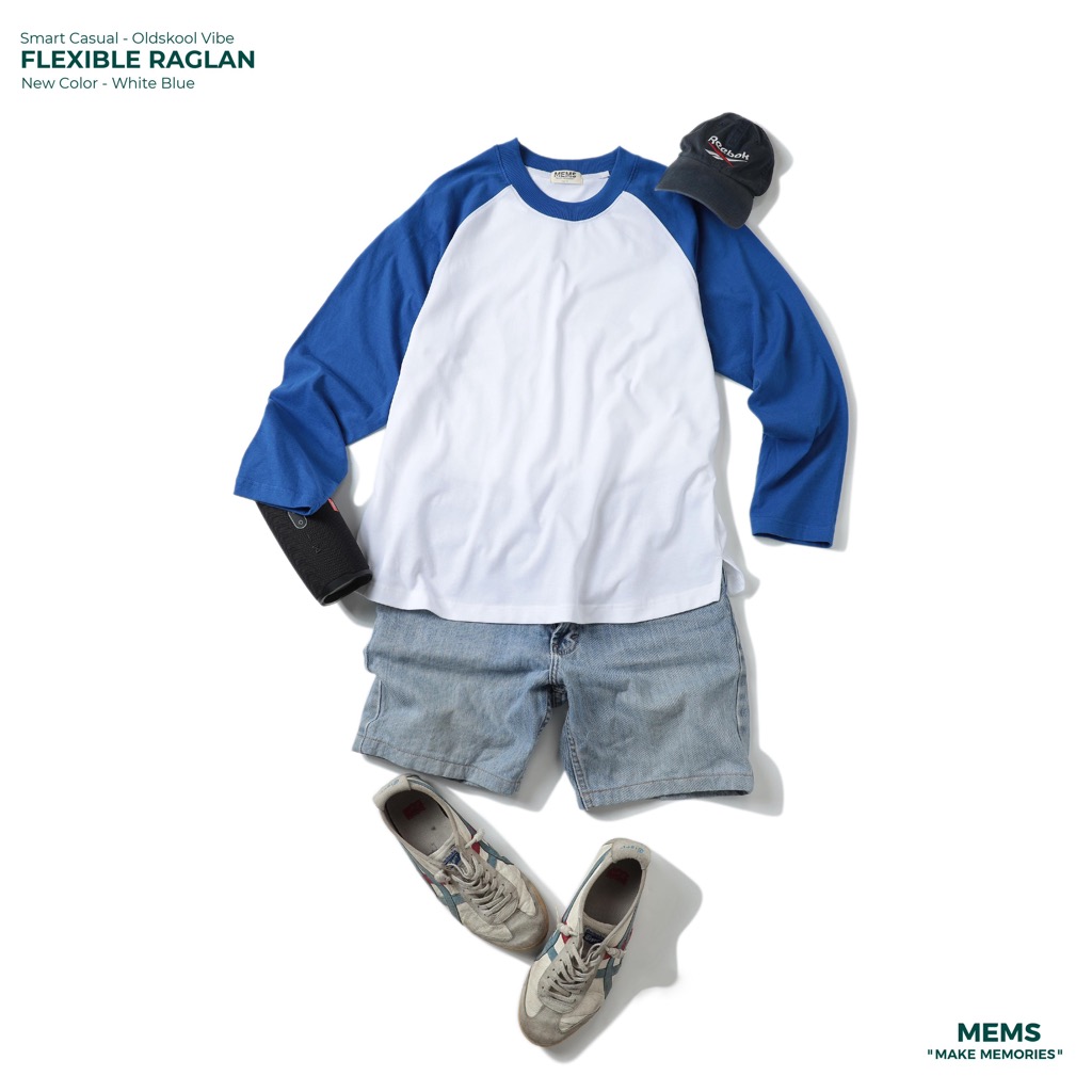 Flexible raglan White Blue | MEMS Áo thun cotton nam nữ tay dài trơn cổ tròn áo phối màu